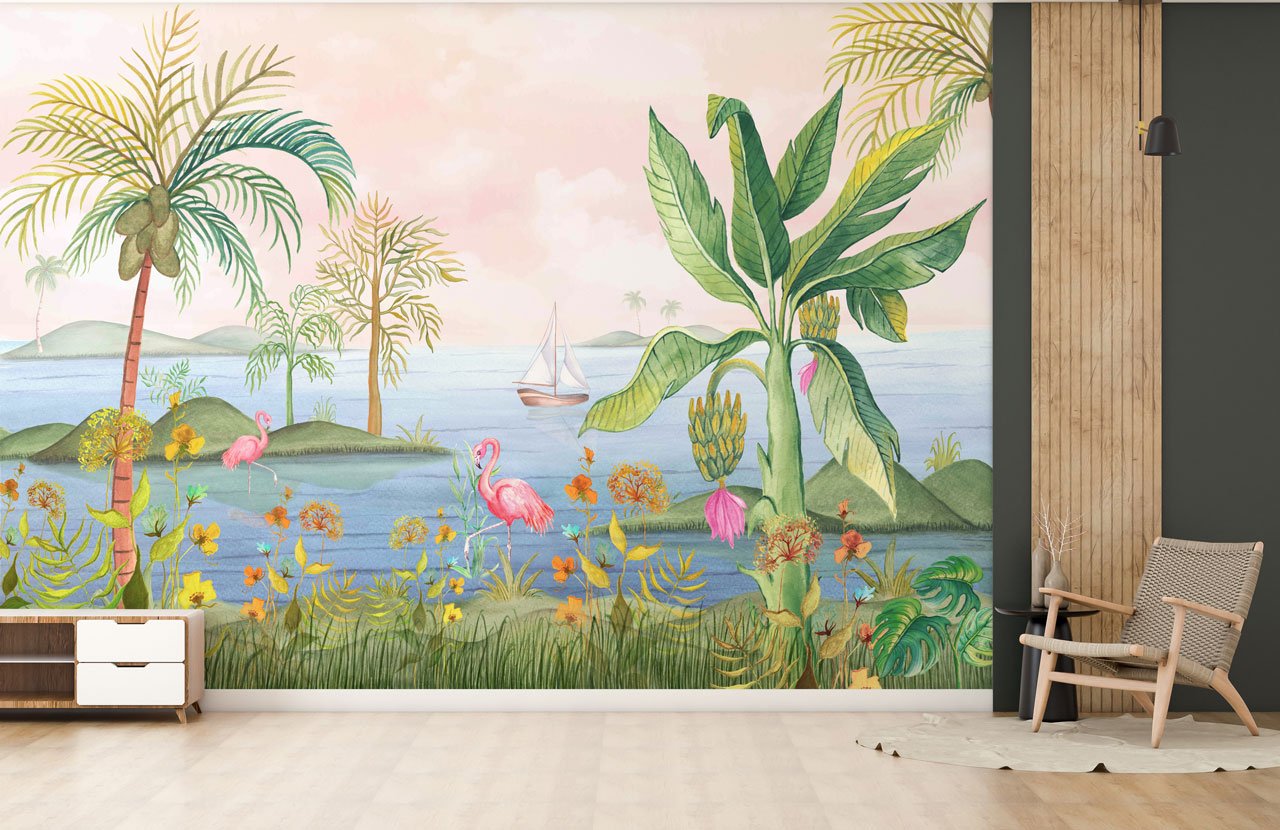 wall mockup in natural living room with wooden armchair